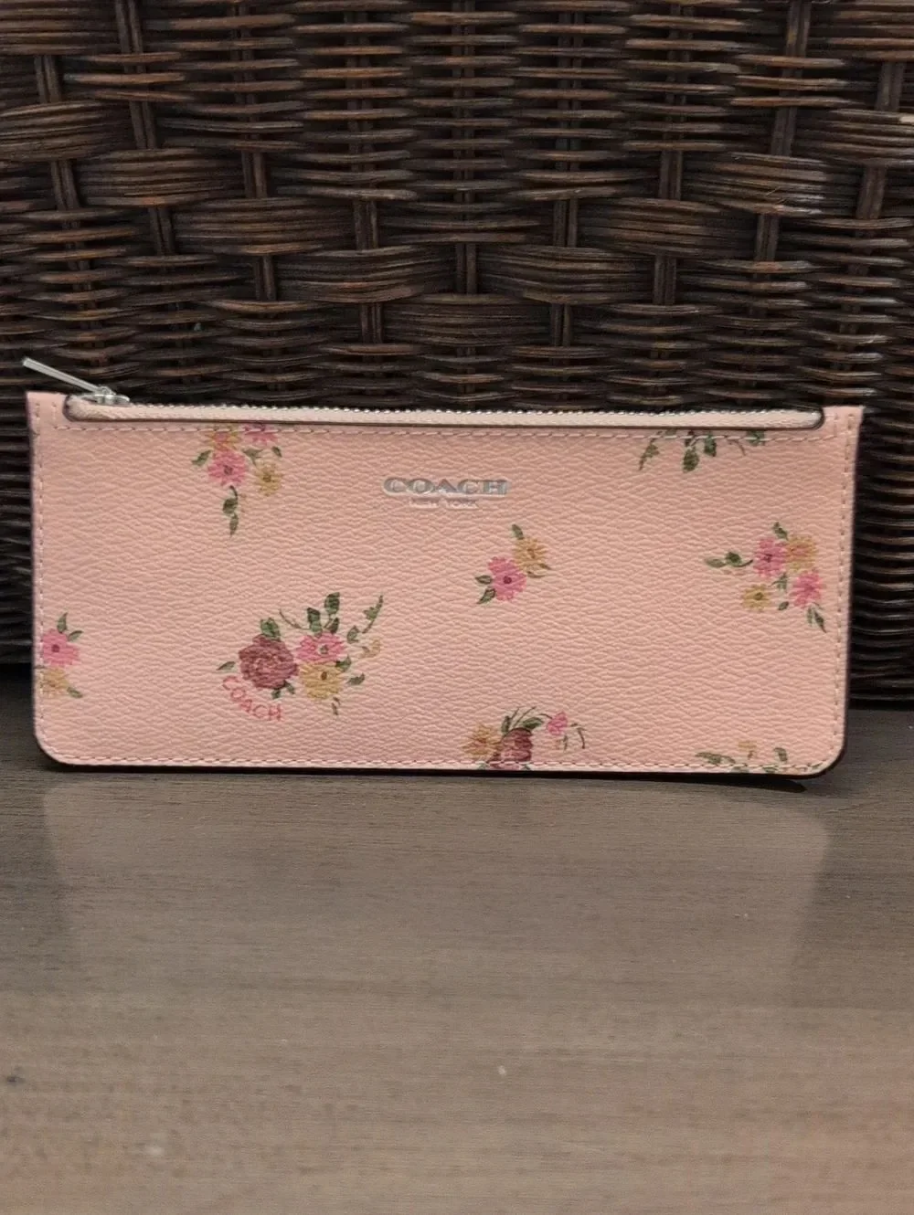 COACH Pink Daisy Bundle Print Slim Skinny Wallet Floral Zip Credit Card Case